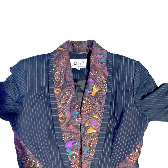 Linda Segal Jacket Womens 10 Pin Stripe Paisley Empire Short Lined Office VTG - Picture 12 of 16
